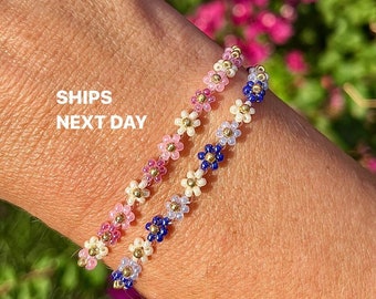 Pulsera de cuentas de flores de 14k Pulsera de margarita delicada Pulsera floral rosa Linda pulsera estética de verano a juego para mujeres Regalo del día de las madres para ella