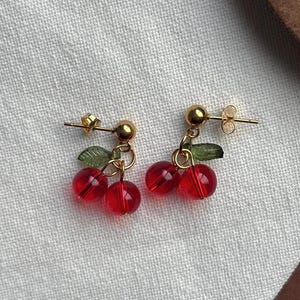 Delicate Cherry Earrings Glass fruit earring waterproof gold cherry stud accessories Teens trendy summer jewelry Cute gift for daughter