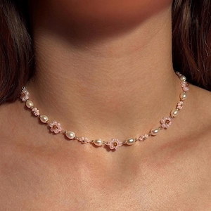Delicate Flower Pearl Necklace Girl pink dainty aesthetic bead handmade daisy chain floral choker Valentines day gift for her wife daughter