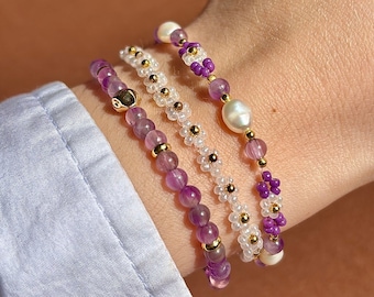Conjunto de pulsera de perlas moradas con cadena de flores de amatista y piedra natal de febrero, delicada margarita de piedra preciosa, linda y delicada joyería, regalo de cumpleaños para niñas