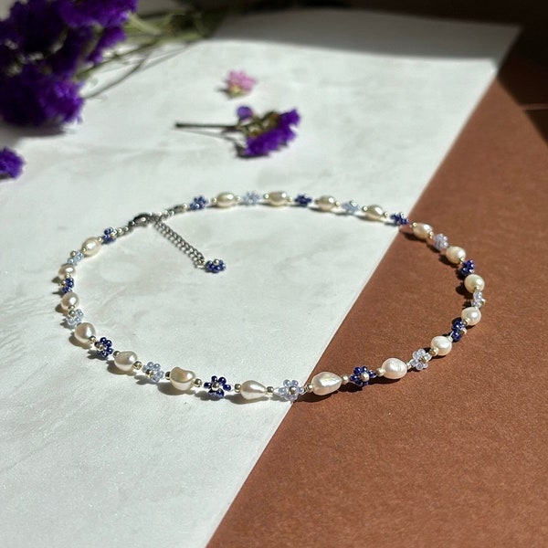 Blue Silver Flower Pearl Necklace Girl Delicate Dainty Aesthetic Cute Beaded Handmade Daisy Chain Summer Floral Choker gift for goddaughter