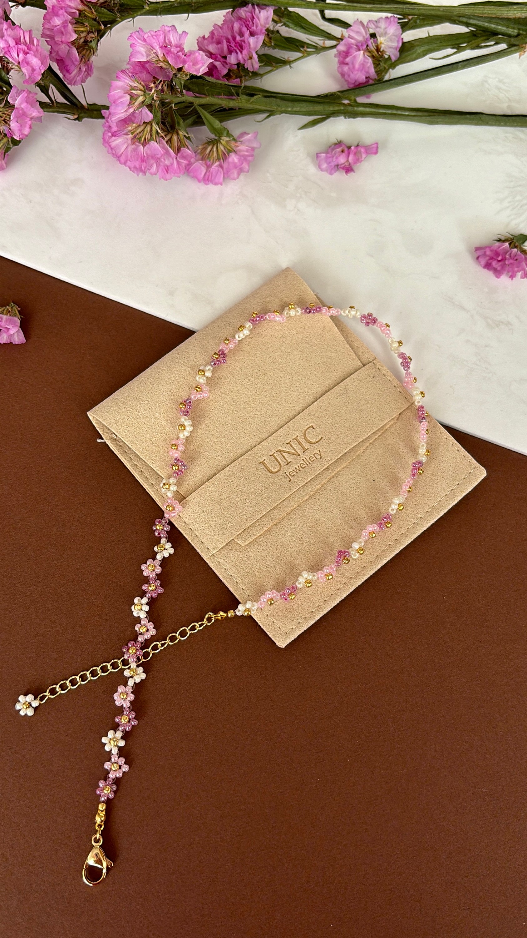Pink Beaded Flower Choker