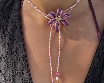 Handmade Pink Lily Beaded Necklace Adjustable Seed Bead Choker Delicate flower necklace Long Floral Statement Piece Christmas gift for her