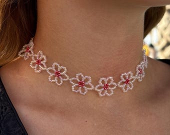 Delicate Flower Necklace Girl pink dainty aesthetic bead handmade daisy chain floral choker Jewelry set Cute Christmas gift for her daughter