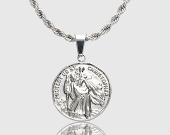 Silver St Christopher Necklace Saint Pendant Rope Chain Stainless Steel Jewelry for Men