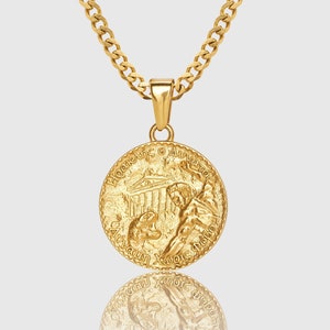 Hercules Gold Coin Pendant, 18K Gold Plated Double Sided Greek Necklace for Men