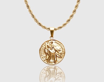 Collar de San Cristóbal dorado, cadena de cuerda chapada en oro de 18 quilates, colgante de santo para hombre