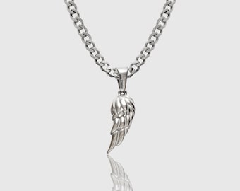 Silver Angel Wing Necklace, Stainless Steel Cuban Chain Pendant, Faith Jewelry for Men