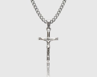 Silver Cross Necklace for Men, Stainless Steel Cuban Chain Faith Pendant, Religious Jewelry
