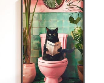 Cat Bathroom Print: Funny Cat Toilet Art, Quirky Cat Bathroom Wall Art, Humorous Bathroom Decor, Black Cat Poster, Cat Lover Gift