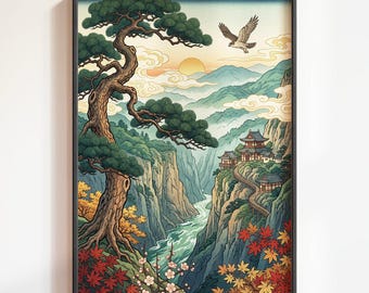 Estampa de paisaje japonés: Templo de montaña y pino, arte mural, decoración de río y naturaleza japonesa, póster ukiyo-e.