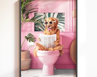 Golden Retriever Dog Bathroom Print: Funny Dog Toilet Bathroom Wall Art, Quirky  Dog Bathroom Decor, Cute Pet Lover Art Gift