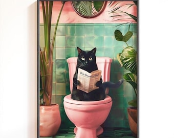 Divertente stampa artistica da parete per bagno con gatto: decorazione vintage per bagno con gatto verde e rosa, poster stravagante con gatto nero, regalo per amanti dei gatti.