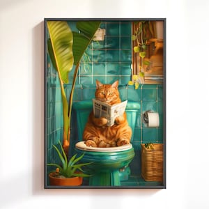Divertida lámina de gato naranja para el baño: Arte moderno para la pared del baño, arte de gato atigrado jengibre, decoración de baño para amantes de los gatos, póster de gato original.
