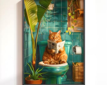 Funny Bathroom Orange Cat Toilet Print: Modern Bathroom Wall Art, Ginger Tabby Cat Art, Cat Lover Bathroom Decor, Quirky Cat Poster