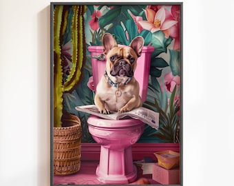 Funny French Bulldog Bathroom Print: Tropical Dog Toilet Art (Digital Download)