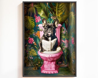Funny French Bulldog Bathroom Print: Dog Reading on Toilet (Digital Download)