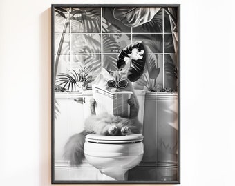 Funny Cat Bathroom Print: Black and White Toilet Wall Art (Digital Download)