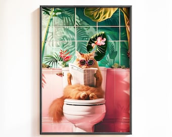 Orange Cat Bathroom Art Print, Persian Cat Toilet Wall Art, Trendy Bathroom Cat Decor, Funny Orange Cat Poster, Quirky Gift for Cat Lover