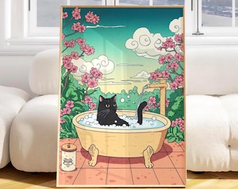 Japanese Cat Bathtub Bathroom Art Print: Funny Japanese Wall Decor