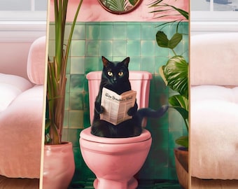 Funny Bathroom Cat Toilet Wall Art Print: Vintage Pink Cat Bathroom Decor, Quirky Retro Cat Bathroom Poster, Cat Lover Art Gift
