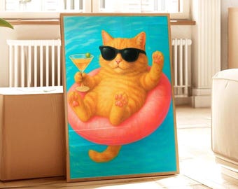 Orange Cat Martini Print: Funny Retro Cocktail Poster, Bar Cart Wall Art, Quirky Cat Poster, Cat Lover Wall Art Gift
