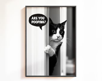 Funny Vintage Cat Bathroom Print: Black & White Cat Bathroom Decor, Quirky Toilet Humor Wall Art