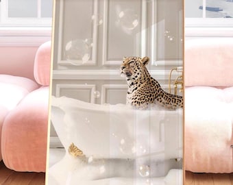 Retro Leopard Bathtub Poster Print: Maximalist Leopard Bathroom Wall Art, Cheetah Poster, Jungle Animal Art, Trendy Elegant Bathroom Decor