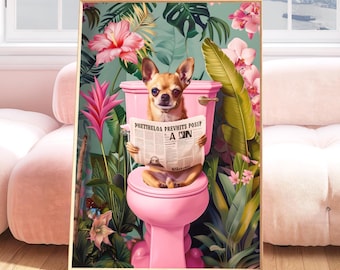Funny Chihuahua Dog Bathroom Print: Dog Reading in Toilet Wall Art, Quirky Trendy Bathroom Decor, Chihuahua Wall Art, Chihuahua Lovers Gift