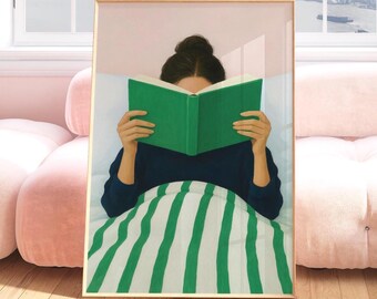 Woman Reading Book in Bed Wall Art Print: Cozy Striped Bedroom Art, Emerald Green Stripes Poster, Retro Dorm Decor, Book Lover Wall Art Gift