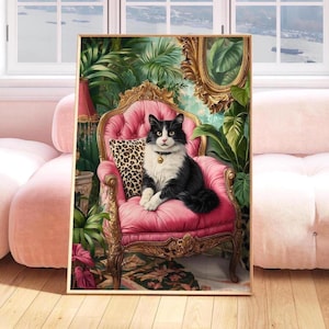 Tuxedo Cat Art Print, Black Cat Poster on Pink Vintage Chair, Tropical Wall Decor, Maximalist Whimsical Feline Decor, Unique Cat Lover Gift