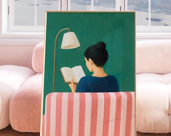Woman Reading Art Print: Book Lover Wall Art Gift, Cozy Aesthetic Emerald Green & Pink Poster, Library Livingroom or Bedroom Decor