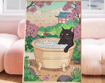Black Cat in Bathtub Art Print: Japanese Bathroom Wall Decor