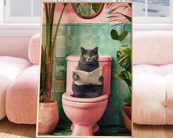 Grey Funny Cat Toilet Print Trendy Bathroom Cat Print Funny Toilet Posters Funny Cat Poster Funny Wall Art for Bathroom Decor Home Decor