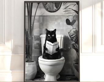 Funny Cat Bathroom Art: Cat Toilet Print, Aesthetic Black & White Bathroom Wall Art, Funny Cat Bathroom Decor, Cat Lover Wall Art