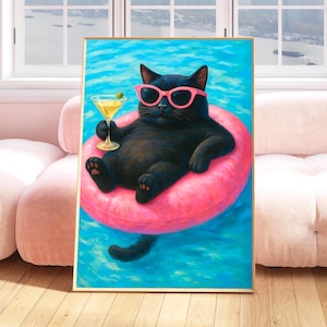 夏の猫マティーニウォールアートプリント、面白い猫の夏のポスター、レトロな猫の絵画、風変わりなカクテルバーカートの装飾、ドーパミンマキシマリストの装飾
