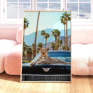 Maximalist Leopard Poster Print, California Wall Art, Leopard on Vintage Car, Cheetah Poster, Trendy Decor, Leopard Wall Art, Retro Wall Art
