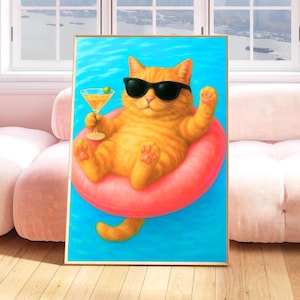 おもしろいオレンジ色の猫のマティーニプリント、おもしろい夏の猫のポスター、気まぐれで風変わりな猫のウォールアート、ドーパミンレトロバーの装飾、マキシマリストカクテルアート