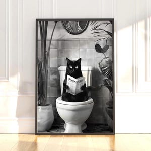 白黒のバスルーム猫プリント、面白いポスター、バスルームの壁の装飾、トイレの壁アート、面白い猫のポスター、バスルームの壁アート、トイレのポスター