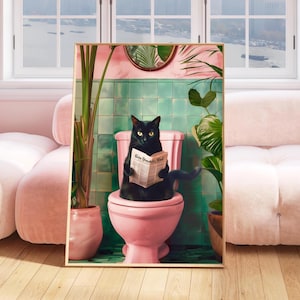 Cat Bathroom Wall Art, Funny Cat Toilet Print, Quirky Cat Poster, Trendy Bathroom Humor Print, Funky Black Cat Meme Print, Cat Themed Decor