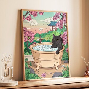 Schwarze Katze in der Badewanne Kunst, lustiger Badezimmer Druck, Japanische Kunst, Japandi Wandkunst, Physischer Druck, Kirschblüten Katze Poster, Geschenk Katzenliebhaber