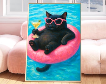Black Cat Martini Art Print: Retro Cocktail Bar Cart Wall Art (Digital Download)