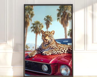 Leopard on Vintage Red Car Print: Maximalist Wall Art, Luxury Cheetah Poster