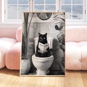 Bathroom Cat Print, Funny Toilet Cat Wall Art, Black and White Cat Art, Aesthetic Bathroom Wall Art, Cute Cat Poster, Quirky Cat Lover Gift
