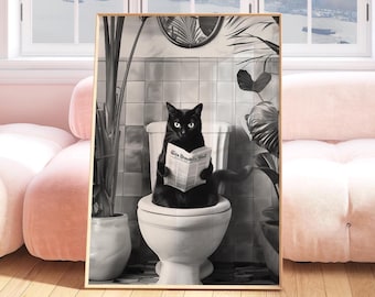 Bathroom Cat Print, Funny Toilet Cat Wall Art, Black and White Cat Art, Aesthetic Bathroom Wall Art, Cute Cat Poster, Quirky Cat Lover Gift