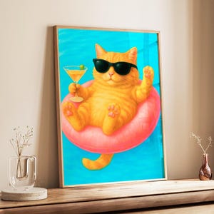 Orange Cat Pool Martini Poster Wall Art, Funny Summer Cat Print, Retro Bar Cart Decor, Quirky Cocktail Poster, Cute Cat Art for Cat Lovers