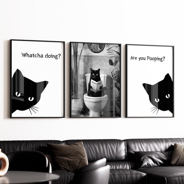 Set of 3 Bathroom Cat Poster, Bathroom Wall Decor, Bathroom Wall Art, Toilet Poster, Black and White Bathroom Cat Print, Funny Cat Poster