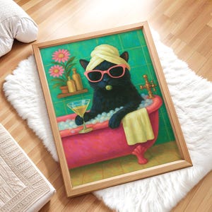 Funny Black Cat Bathroom Print, Cat Bathtub Poster, Bathroom Wall Art, Whimshcal Cute Cat Poster, Dopamine Wall Decor, Quirky Retro Cat Art