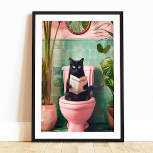 Funny Bathroom Cat Toilet Wall Art Print: Vintage Pink Cat Bathroom Decor, Quirky Retro Cat Bathroom Poster, Cat Lover Art Gift