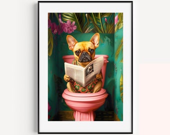 Funny French Bulldog Bathroom Print: Dog on Toilet Wall Art (Digital Download)